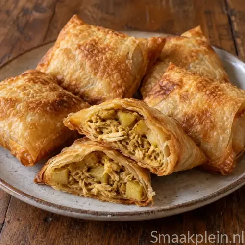 Krokante kipfilohapjes met tamarinde, gember, koriander en filodeeg