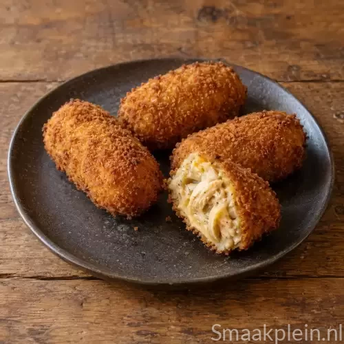 Krokante kipkroketten met aardappelpuree, kip en mango chutney