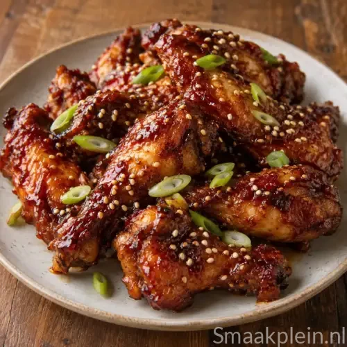 Krokante Koreaanse kippenvleugeltjes uit de airfryer met gochujang, sesam en lente-ui