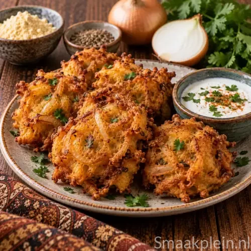 Glutenvrije krokante Indiase onion bhajis met ui, kikkererwtenmeel en komijn
