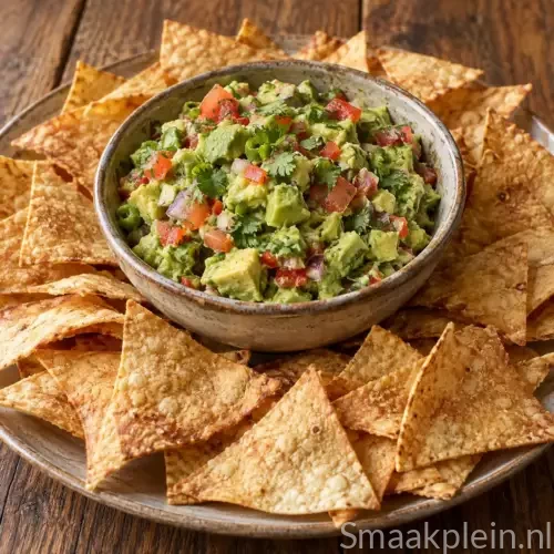 Krokante tortillachips uit de airfryer met verse guacamole van avocado, limoen en rode peper