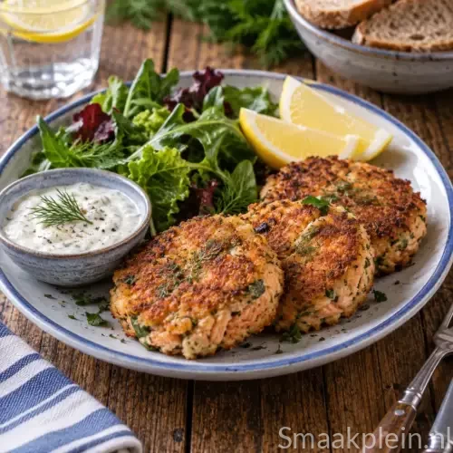 Krokante zalmkoekjes van verse zalmfilet met dille, peterselie en citroen