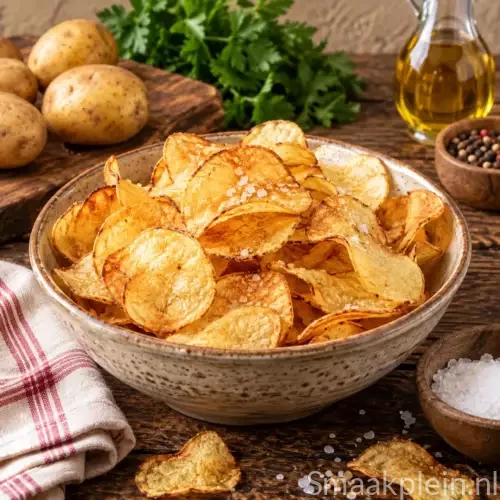 Krokante zelfgemaakte aardappelchips van dun gesneden gefrituurde aardappelen