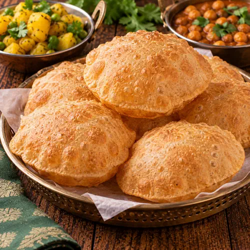 Krokante Indiase puri van volkorenmeel, goudbruin gefrituurd en luchtig opgebold, geserveerd op een schaal met Indiase bijgerechten.