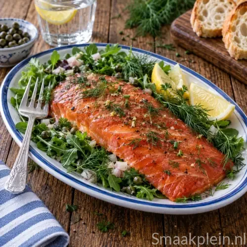 Kruidig gerookte zalmfilet met verse dille, peterselie, tuinkers en sjalot