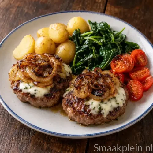 Kruidige kalfsburgers met goudbruin gebakken uienringen en romige roomkaassaus
