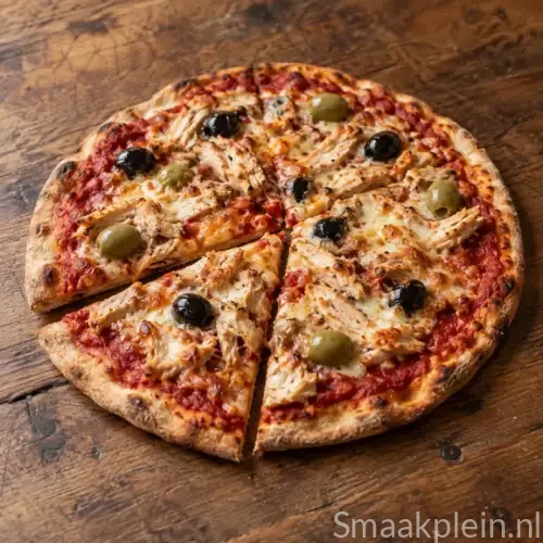 Kruidige kippizza met tomatensaus, gare kip en gesmolten kaas