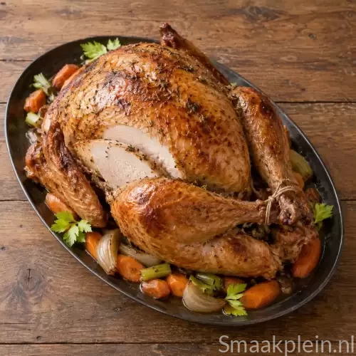 Kruidige paaskalkoen met rode wijn, paprika, wortel en bleekselderij uit de oven