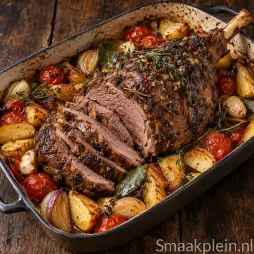 Kruidige schapenbout met geroosterde aardappelen, knoflook, rozemarijn en tijm