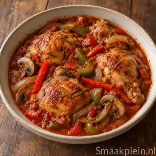Kruidige stoofkip met groene paprika, champignons en tomatensaus