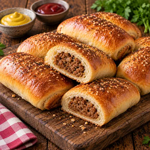 Kruidige worstbroodjes uit de oven met een goudbruin gebakken broodkorst en een hartige vulling van gekruid rundergehakt.