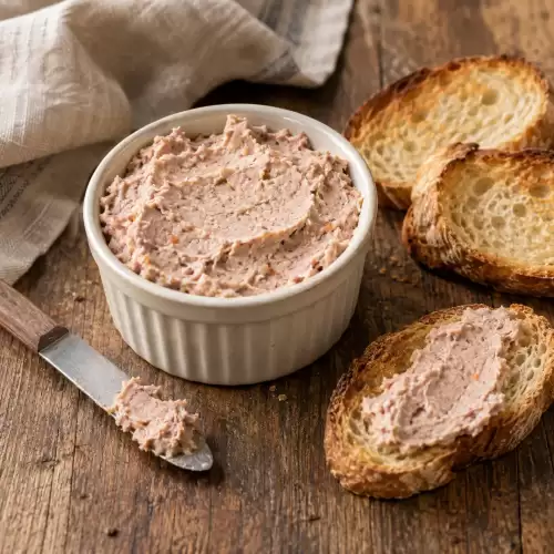Smeerbare kalkoenpaté met ham, wortel en ui, geserveerd met toast.