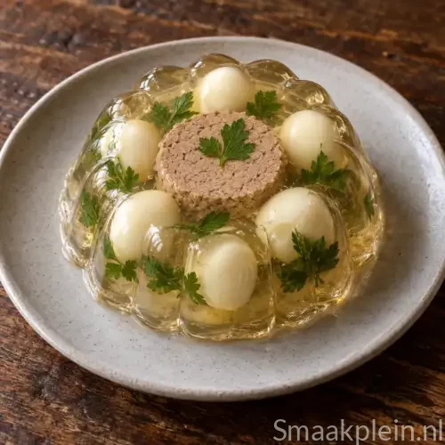 Kwarteleitjes in heldere gelei met levermousse en verse dragon