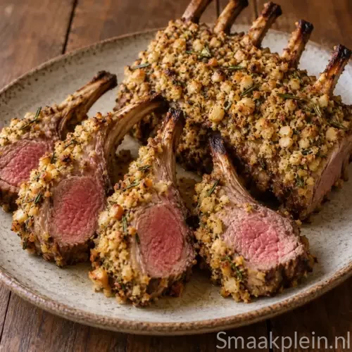 Geroosterde lamsrack uit de airfryer met een krokante korst van macadamianoten en rozemarijn