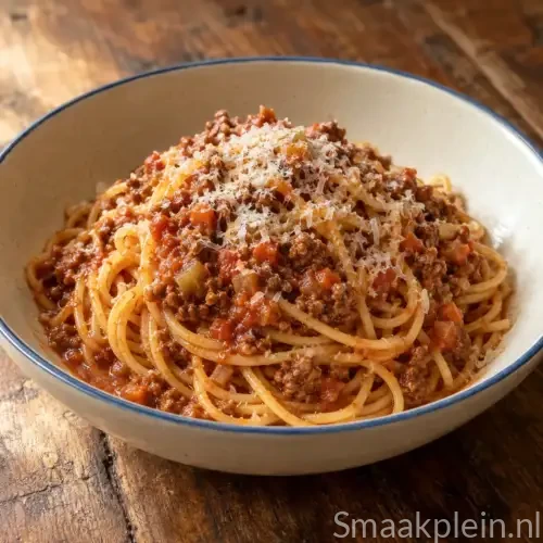 Langzaam gestoofde Italiaanse bolognesesaus met spaghetti, gehakt, groenten en geraspte kaas