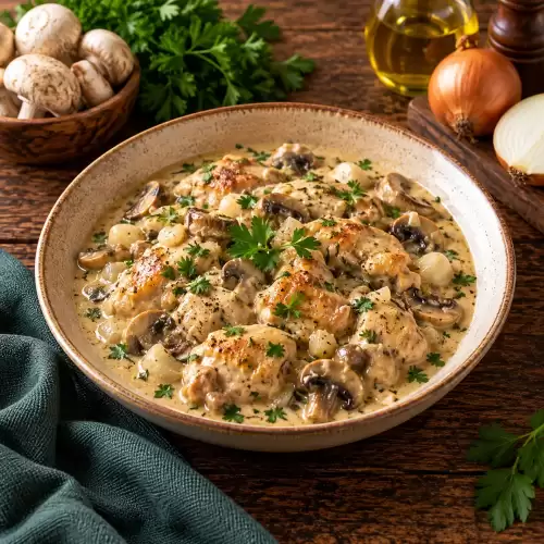 Lentekip in champignonsaus met malse kip, champignons en ui in een romige saus op een rustieke houten tafel.