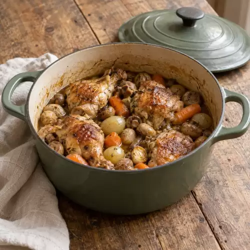 Lentekip in cocotte met champignons, bosuitjes en jonge wortel.