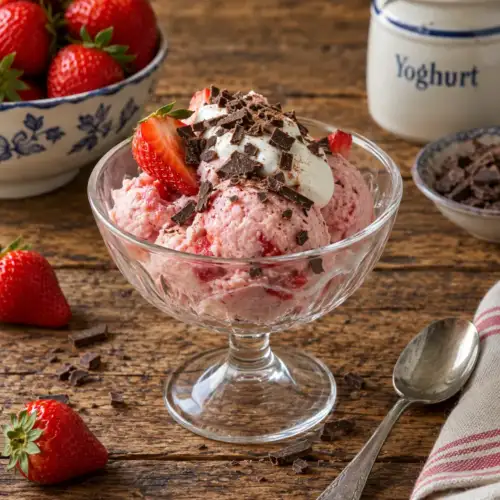 Luchtig aardbeiendessert met aardbeienyoghurt, verse aardbeien en chocolade