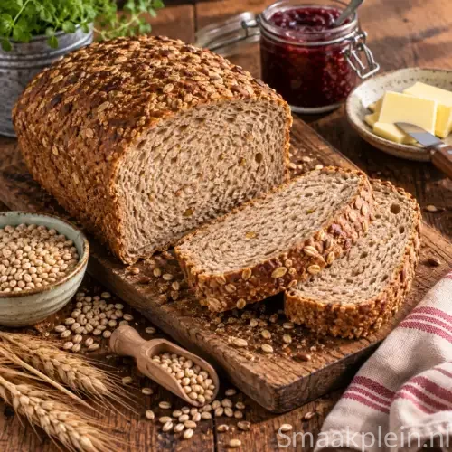 Luchtig gerst-volkorenbrood uit de broodbakmachine met een goudbruine korst en stevige graankruim