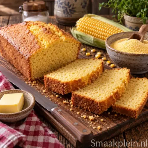 Luchtig maïsbrood uit de broodbakmachine met een goudbruine korst en zacht lichtgeel kruim