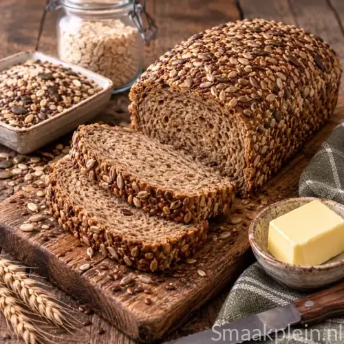 Luchtig meergranenbrood met olijfolie uit de broodbakmachine met een stevige korst en grove meergranen kruim