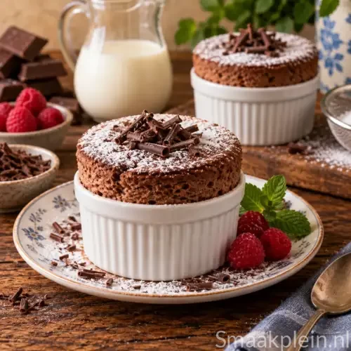 Luchtige chocoladesoufflé met pure chocolade vers uit de oven