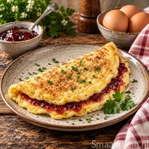 Luchtige souffléomelet gevuld met warme abrikozenjam
