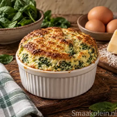 Luchtige spinaziesoufflé met Gruyère, gekookte ham en ei