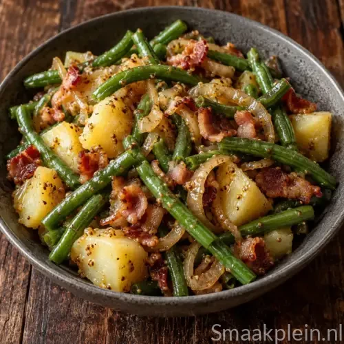 Luikse salade met warme aardappelen, sperziebonen, gerookt spek en mosterddressing