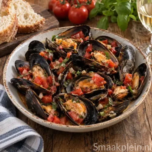 Mediterrane mosselen met basilicumtomaat, knoflook en citroen geserveerd in de schelp