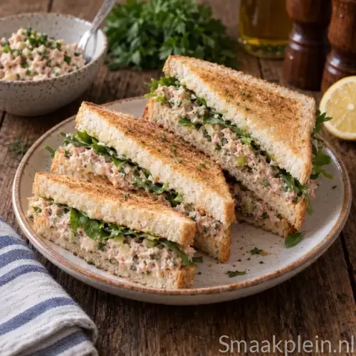 Mediterrane tapenadesandwiches met zwarte olijven, tonijn, kappertjes, roomkaas en frisse sla