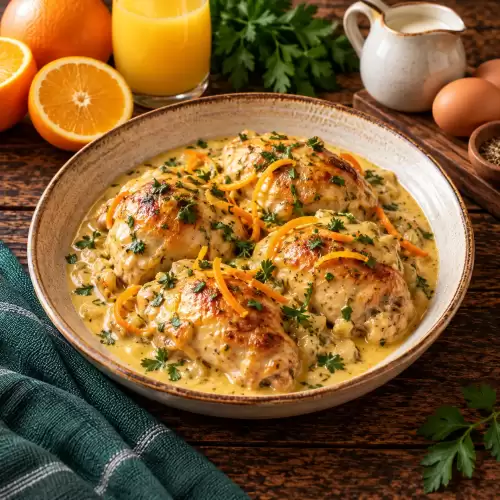 Mimosa kip in een romige sinaasappelsaus met verse kruiden op een rustieke houten tafel.
