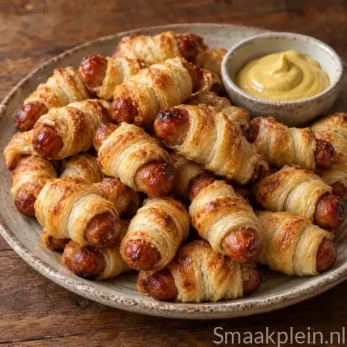 Miniworstjes in krokant bladerdeeg uit de airfryer geserveerd met mosterd