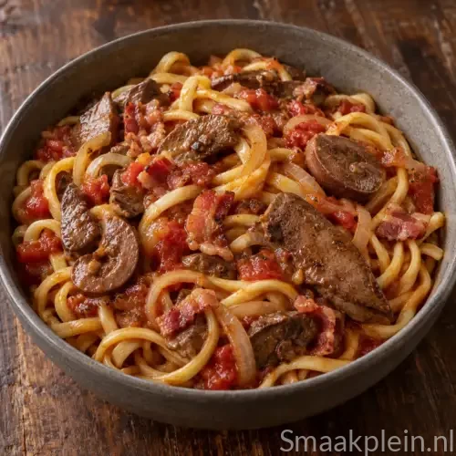 Noedels met varkenslever en nieren in tomatensaus met gerookt spek