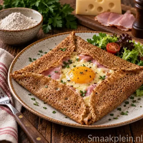 Glutenvrije Normandische boekweitgalette complète met ham, Emmentaler en spiegelei