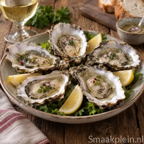Oesters in wittewijngelei met crème fraîche, verse bieslook en zwarte peper als feestelijk Frans voorgerecht