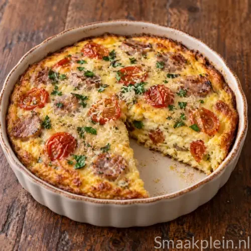 Ontbijtfrittata uit de airfryer met worst, kerstomaatjes, ei en Parmezaanse kaas