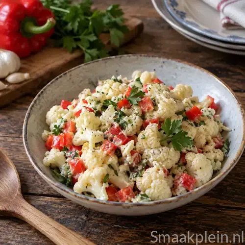 Oosterse bloemkoolsalade met rode peper, ketjap, komijn en peterselie