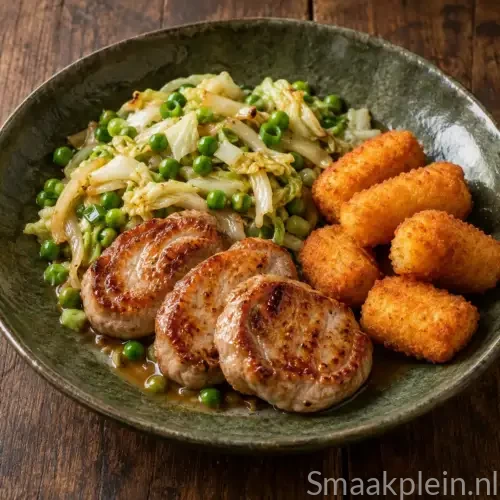 Oosterse varkensrolletjes met ham, sambal, Chinese kool en romige saus