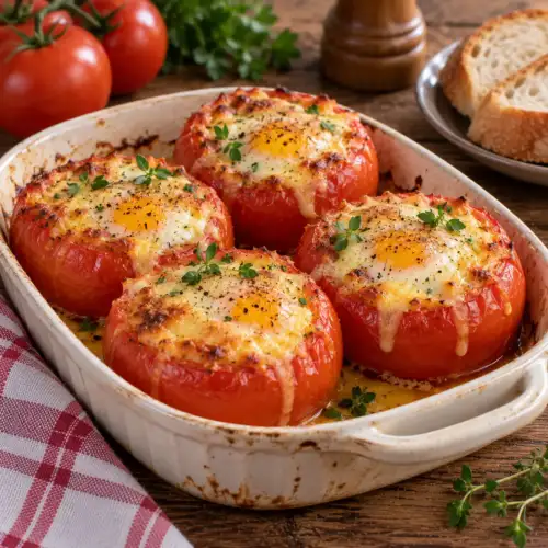 Oventomaten gevuld met ei en belegen kaas uit de oven