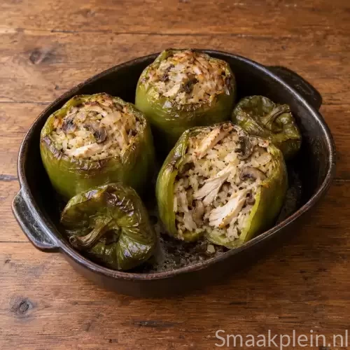 Groene paprika's gevuld met kip, champignons en ui uit de oven