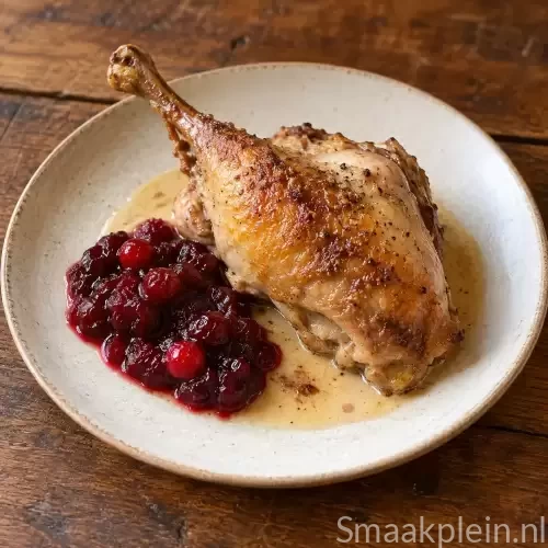 Geroosterd parelhoen met romige saus en veenbessencompote.