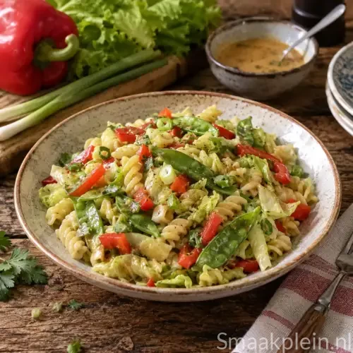 Pastasalade met snijbonen, ossenworst, gele paprika, lente-ui en bieslook