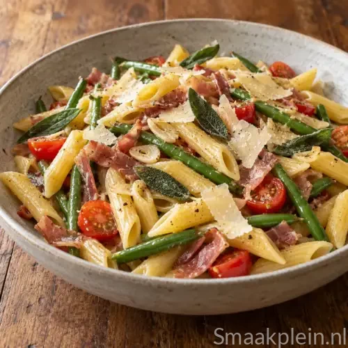 Penne met salieboter, gerookte ham, sperziebonen, kerstomaten en pecorino