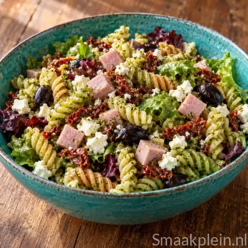 Mediterrane pastasalade met pesto, ham, feta, zwarte olijven en zongedroogde tomaten