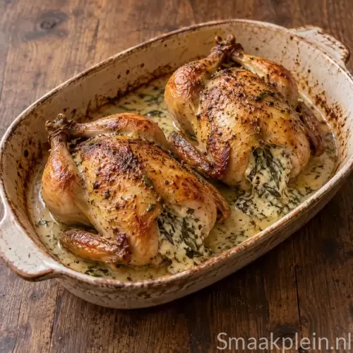 Geroosterde piepkuikens met verse dragon en romige kaasvulling.