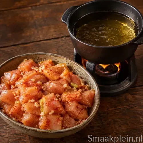 Pittige kipfondue met gemarineerde kipfilet, citroen, knoflook en paprikapoeder