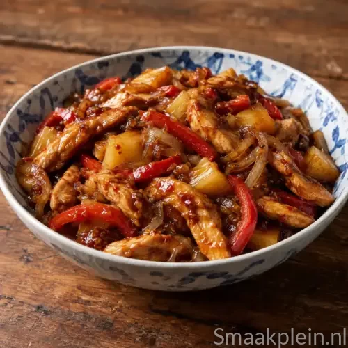 Pittige kipreepjes met taugé, ananas, rode peper, sambal en ketjap