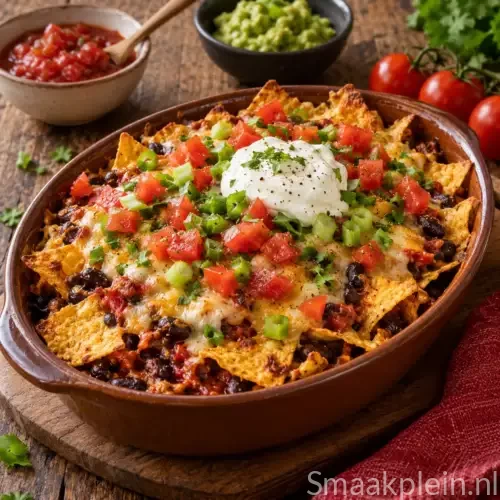 Pittige nacho-ovenschotel met aardappelpuree, zwarte bonen, tortillachips en gesmolten kaas
