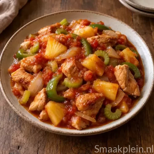 Polynesische kalkoen met ananas, groene paprika, bleekselderij en tomaat.